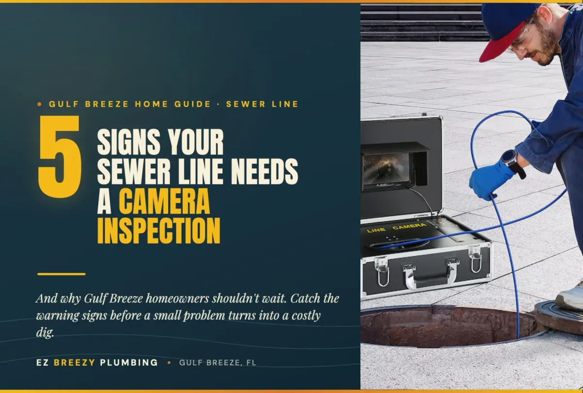 Plumber feeding sewer camera into open manhole beside equipment; graphic: 5 signs your sewer line needs inspection