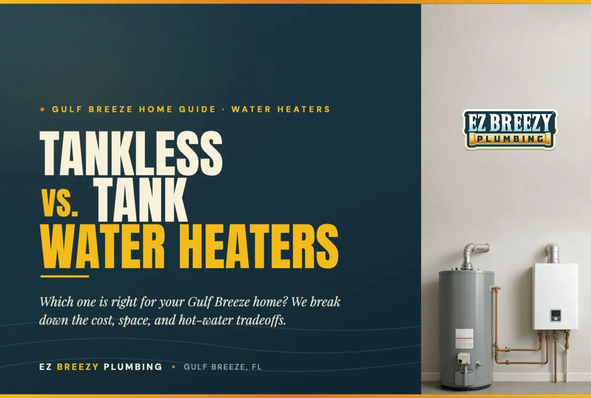 Tankless vs tank water heaters graphic with storage tank and wall-mounted tankless unit and EZ Breezy Plumbing logo